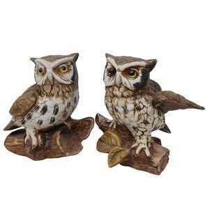 Pair Homco Owl Figurines Set Of 2 Brown & White Ceramic Vintage SIGNED #LR
